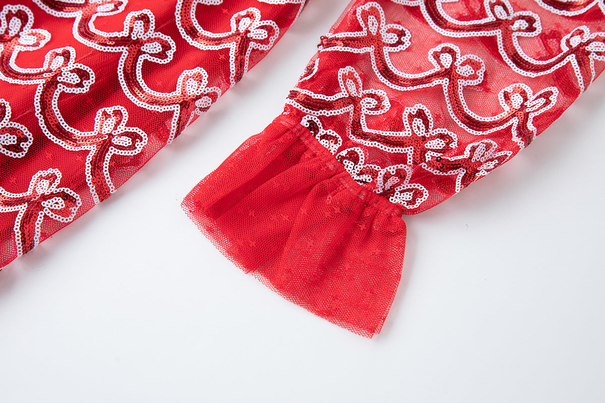 Crimson Symphony Mesh and Sequin Dress - 852089082902_RED