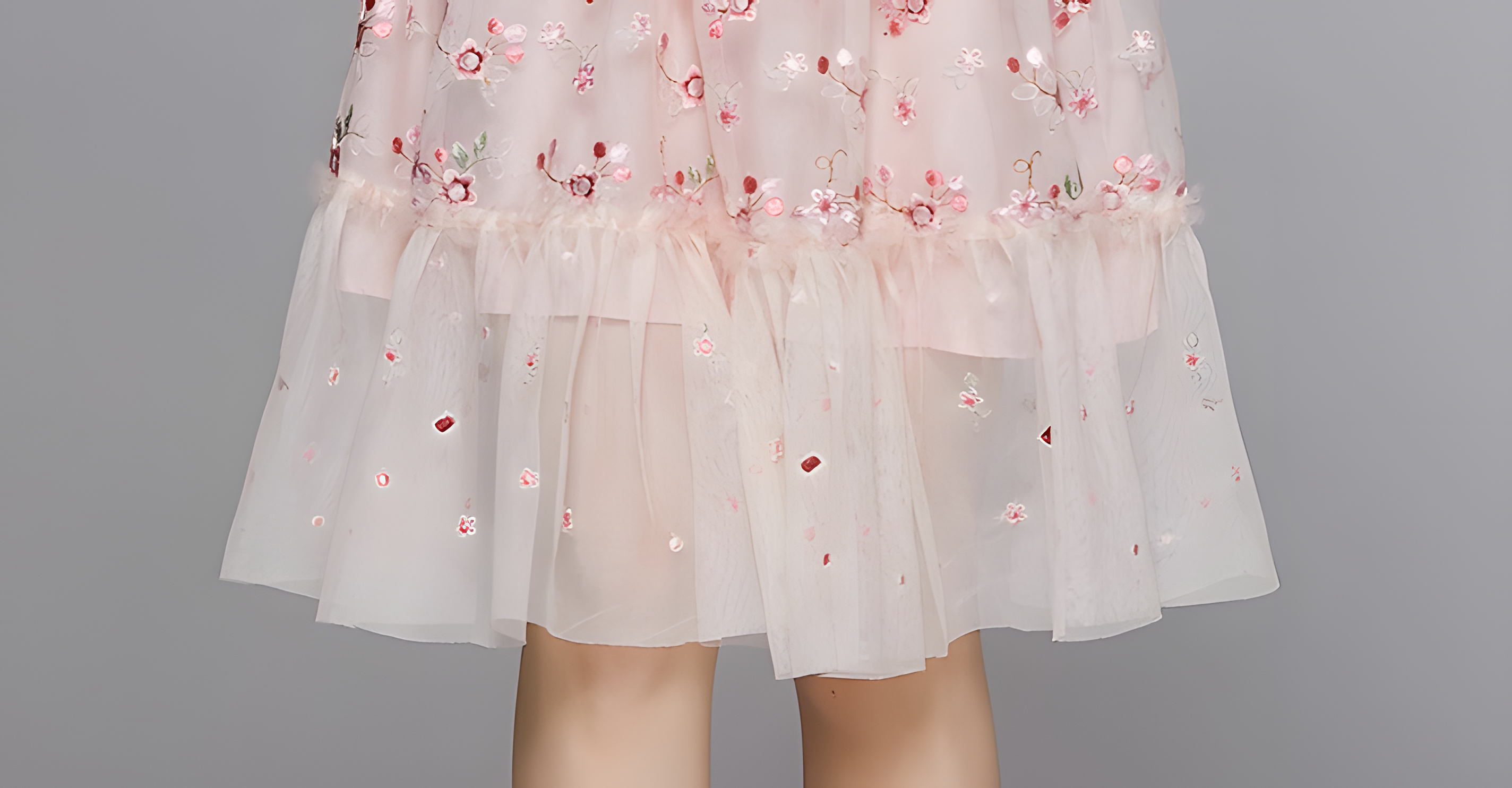 Embroidered Mesh Multitier Ruffled Skirt High Neck Pink Dress - 701166254679_BAS