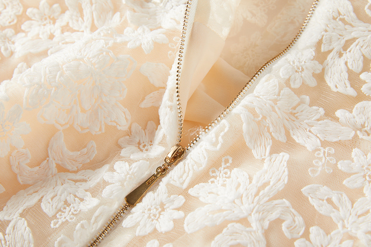 Ivory Lace Garden Dress with Heavy Embroidered Mesh Flocking and Corset Top - 821764686977_BEI (EOSS)