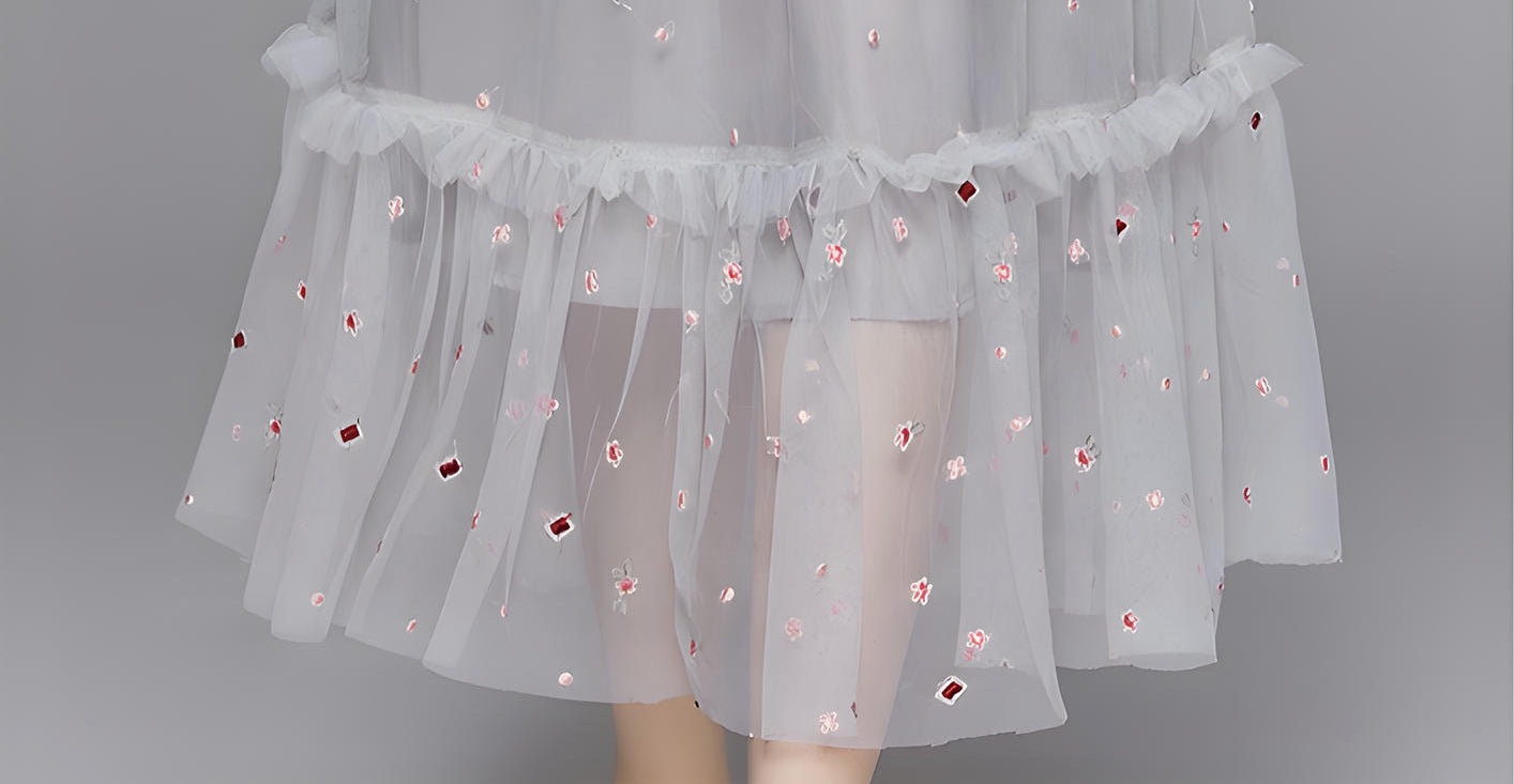 Embroidered Mesh Multitier Ruffled Skirt High Neck Long Grey Blue Dres - 700942841038_BAS