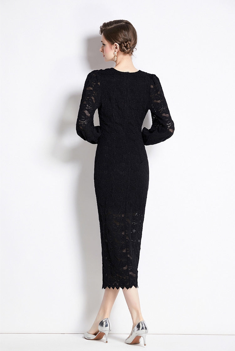French Lace Long Sleeve V Neck Front Slit Body-fit Dress With Rose Belt - 750531237798_BLA