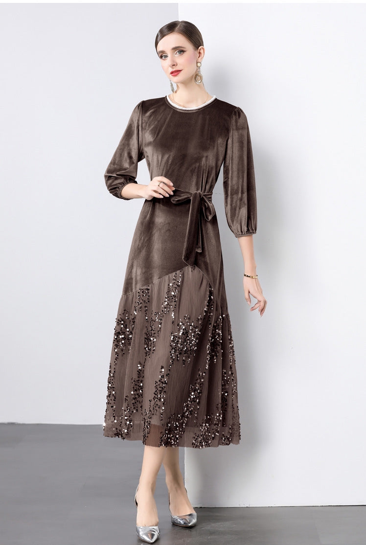 Velvet Mesh and Sequin Embellished Dress - 855932949530_BROWN