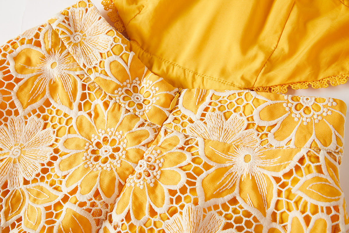 Luxury French Lace Halter Neck Holiday Breeze Black Dress - 829851111269_YEL