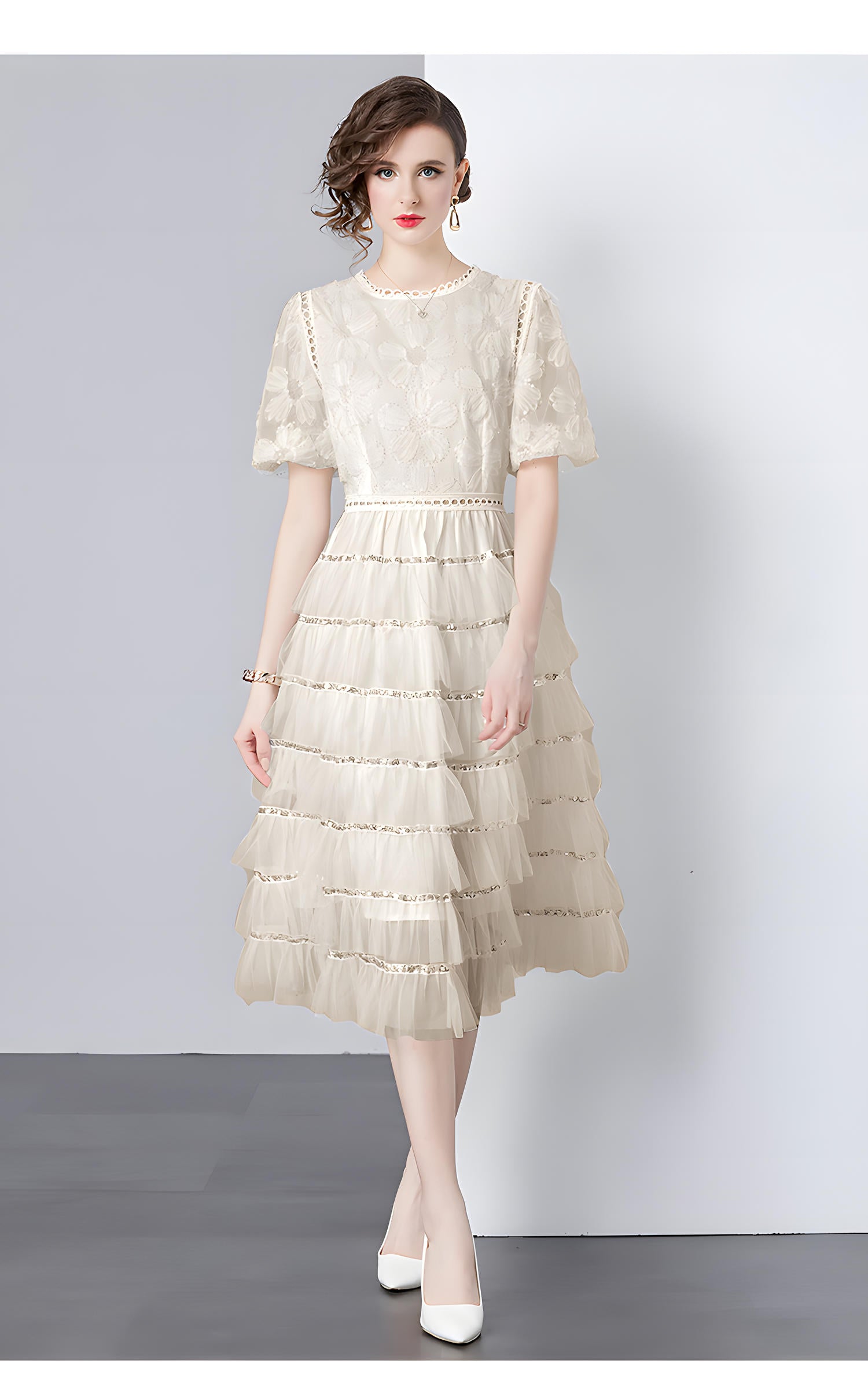 Multilayer Sequinned Mesh Skirt Flower Embroidered Vest Dress - 787365833312_BEI (EOSS)