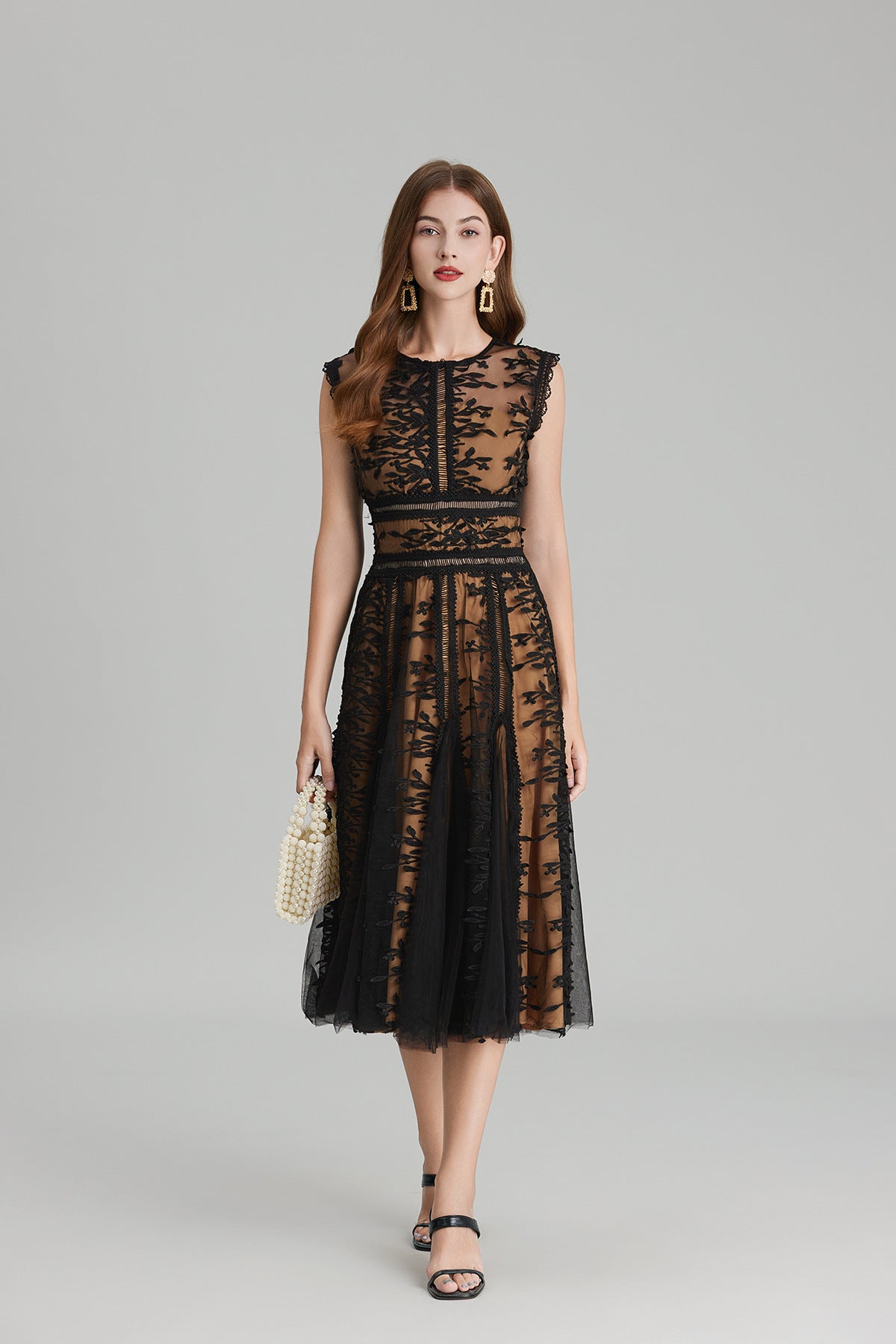 Midnight Noir Lace Midi Dress with Mesh Flocking and Nude Lining - 823734853765_BLA