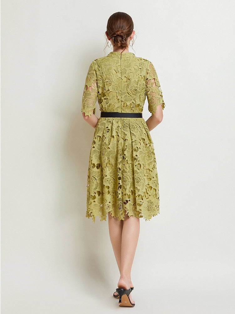 French Lace high Neck Short Dress With Belt - 812368811391_GRE