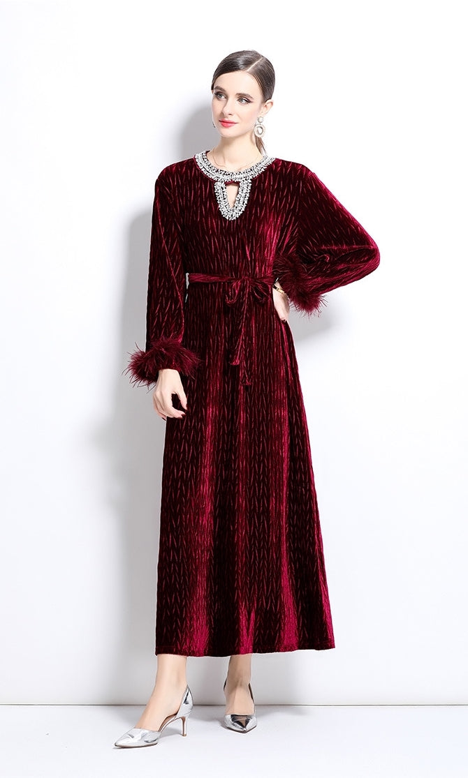 Diamond Embellished Heat Set Self Texture Velvet Dress - 855961209321_CLARET