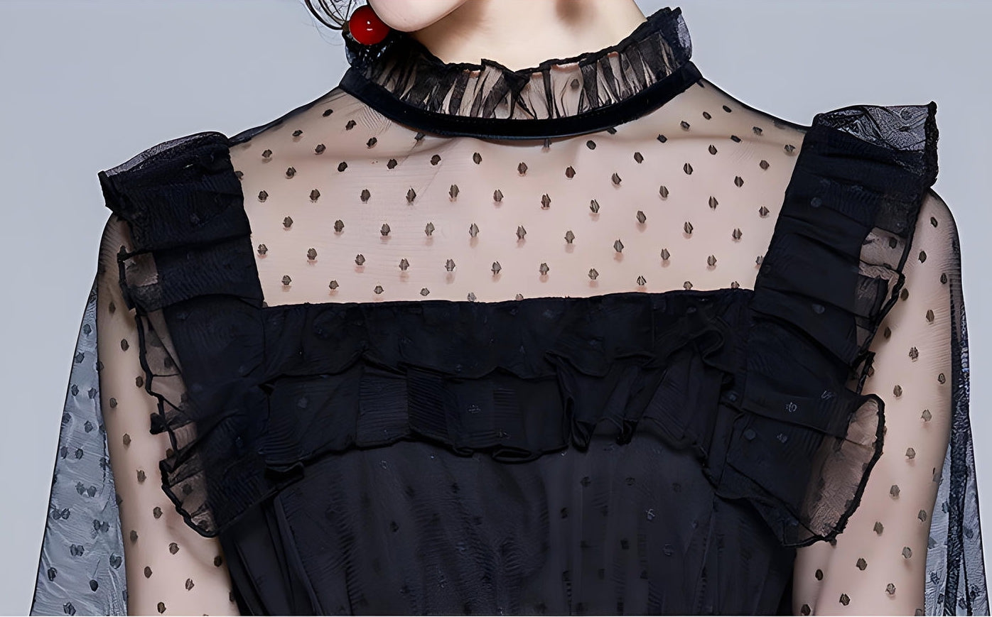 High Neck Polka Dot Mesh Multitier Skirt Elasticated Waist  Full Sleeve Black Dress With Satin Belt - 637810172088_BAS