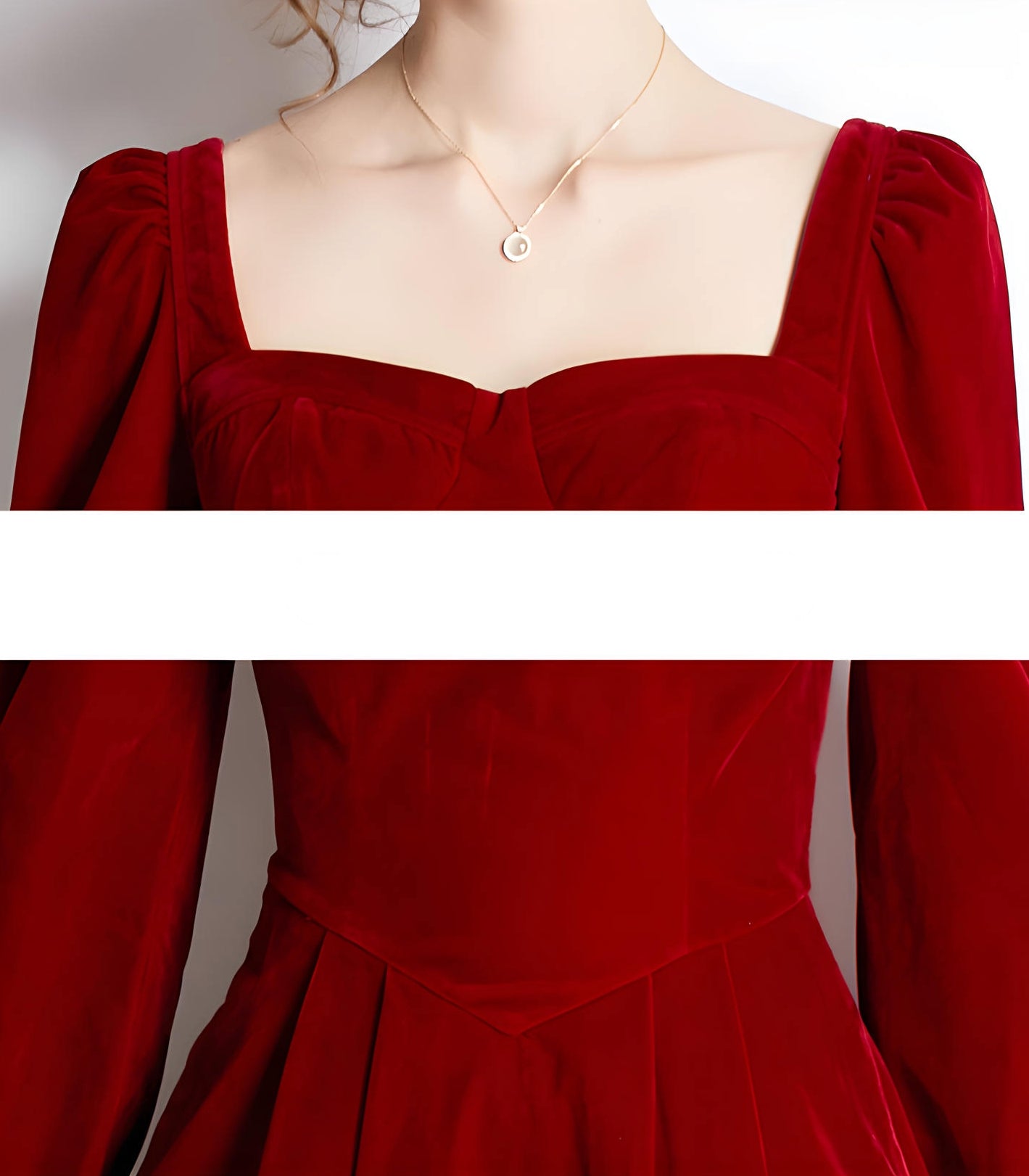French Retro Sweetheart Neckline Corset Top Full Sleeves Pleated Skirt Velvet Scarlet Dress - 687113837683_SCA