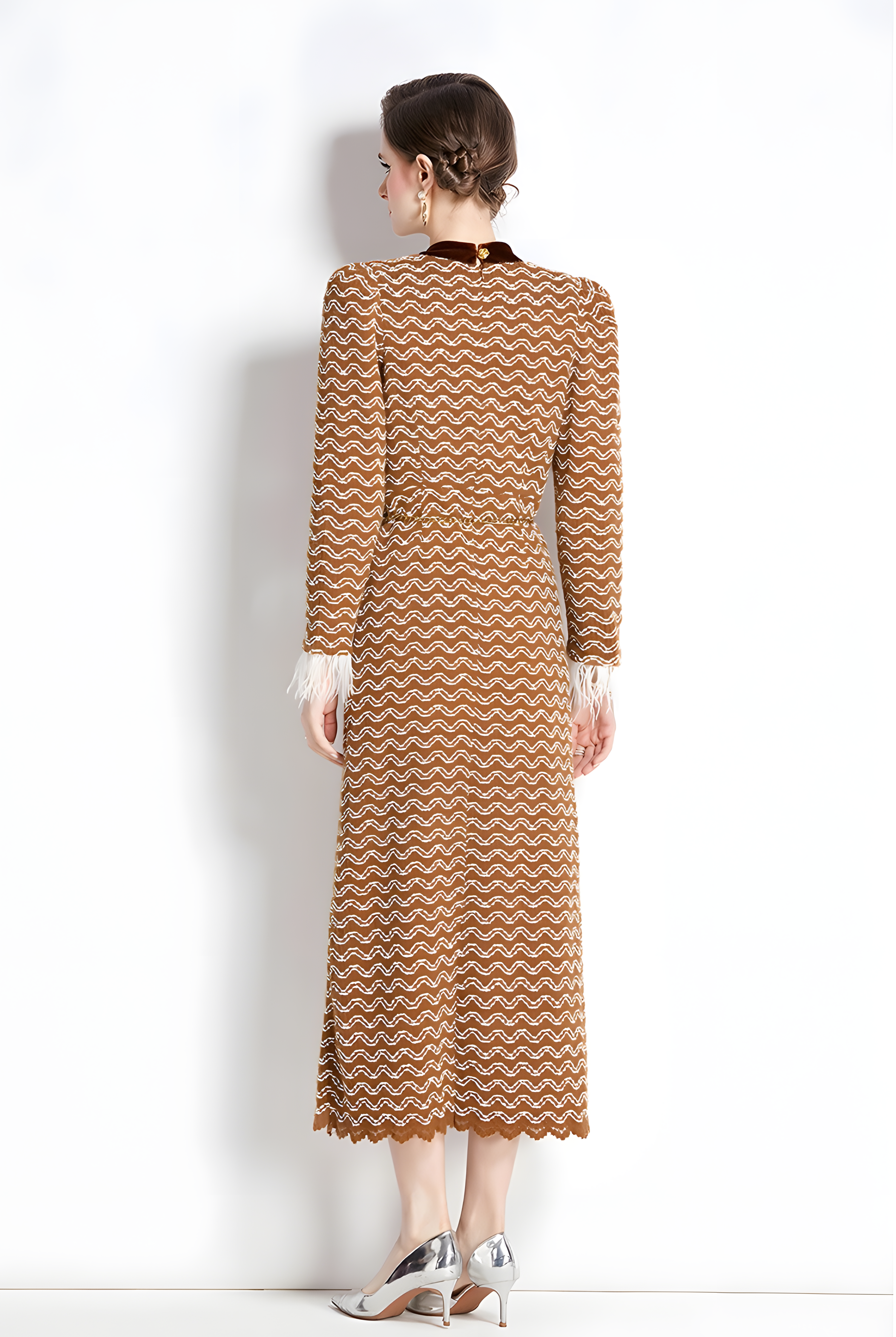 Feather Stitched Full Sleeves Thickened Fabric High Neck Body-fit Dress With Waist Chain - 750531053744_KHA