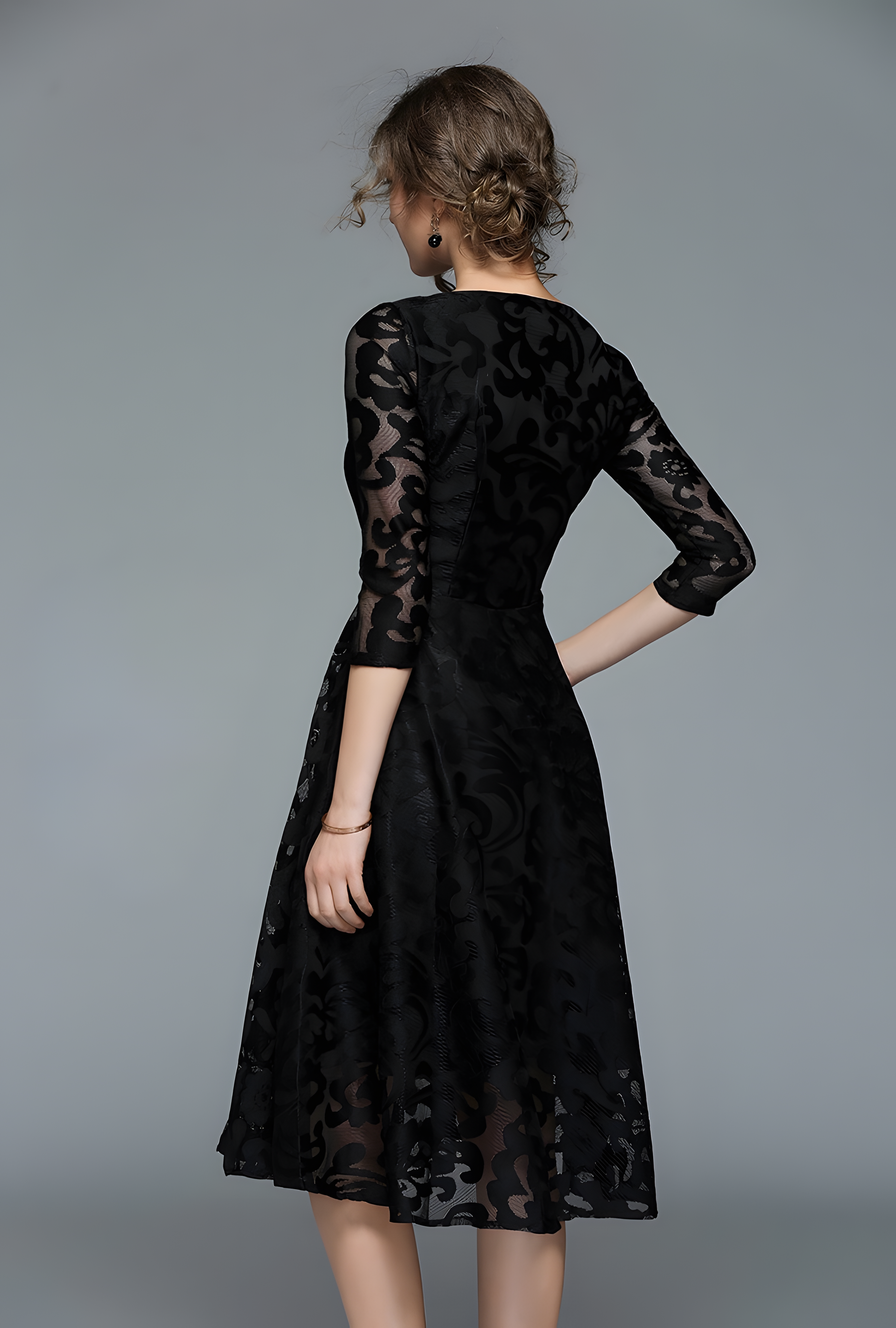 Lace Flocking Boat Neck Fitted Vest Large Hem Skirt Dress - 607715875502_BLACK