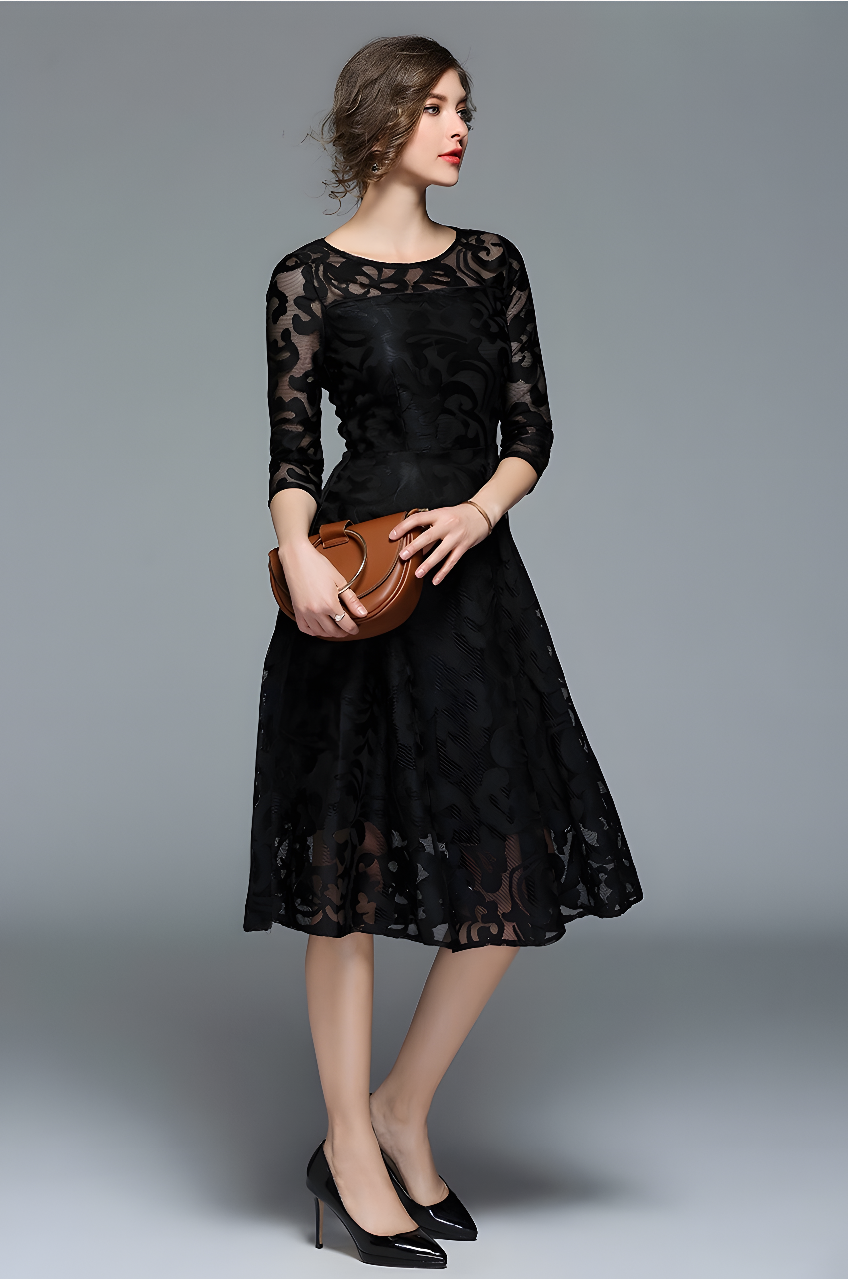 Lace Flocking Boat Neck Fitted Vest Large Hem Skirt Dress - 607715875502_BLACK