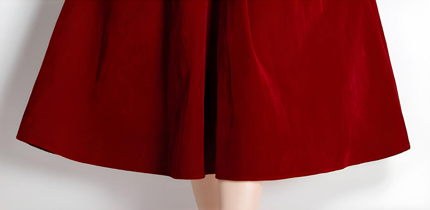 French Retro Sweetheart Neckline Corset Top Full Sleeves Pleated Skirt Velvet Scarlet Dress - 687113837683_SCA