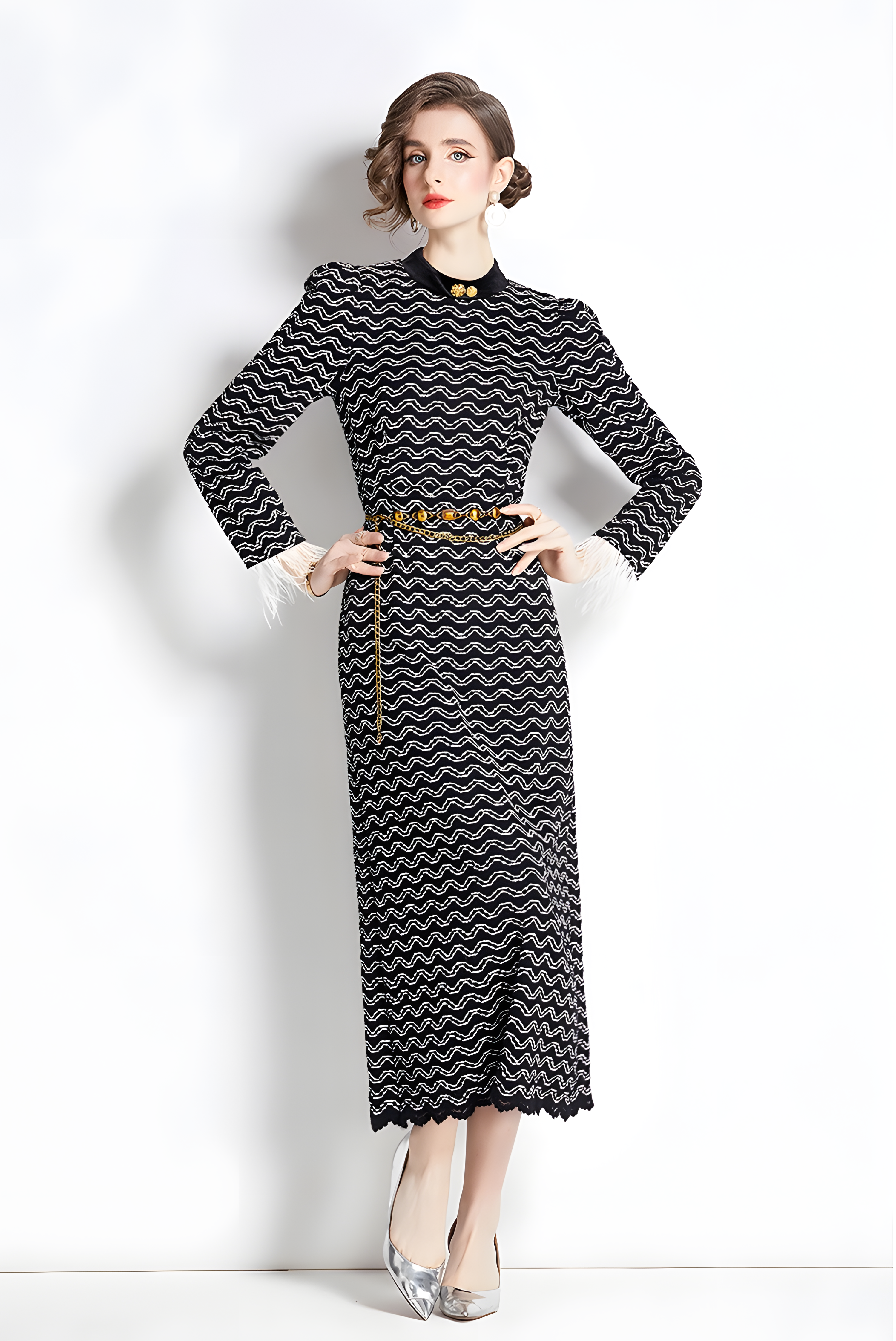 Feather Stitched Full Sleeves Thickened Fabric High Neck Body-fit Dress With Waist Chain - 750531053744_BLA