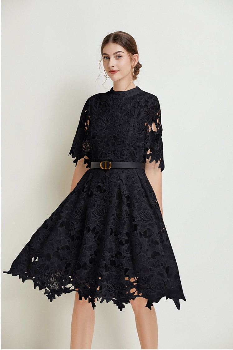 French Lace high Neck Short Dress With Belt - 812368811391_BLA