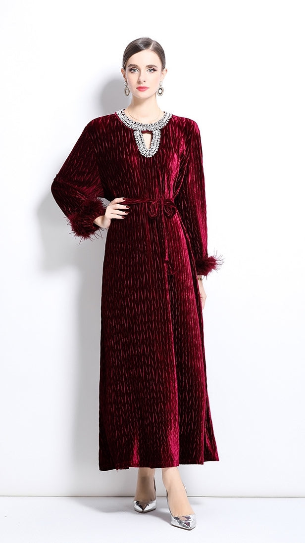 Diamond Embellished Heat Set Self Texture Velvet Dress - 855961209321_CLARET