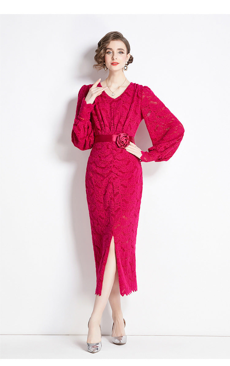 French Lace Long Sleeve V Neck Front Slit Body-fit Dress With Rose Belt - 750531237798_ROS