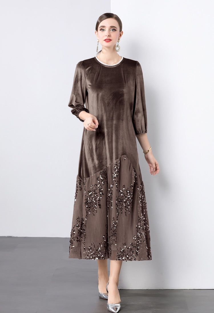Velvet Mesh and Sequin Embellished Dress - 855932949530_BROWN