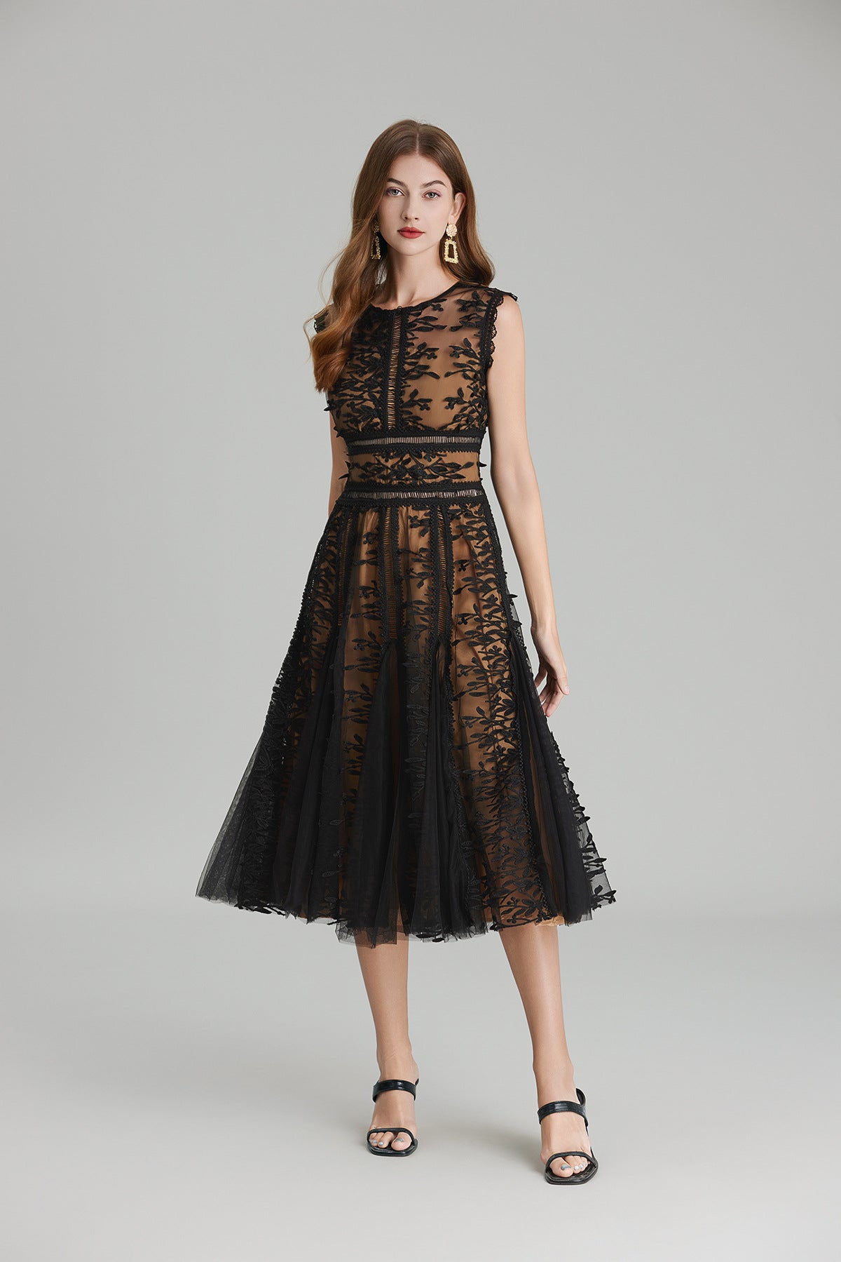 Midnight Noir Lace Midi Dress with Mesh Flocking and Nude Lining - 823734853765_BLA