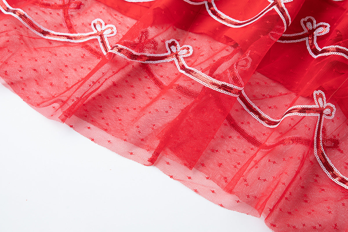 Crimson Symphony Mesh and Sequin Dress - 852089082902_RED