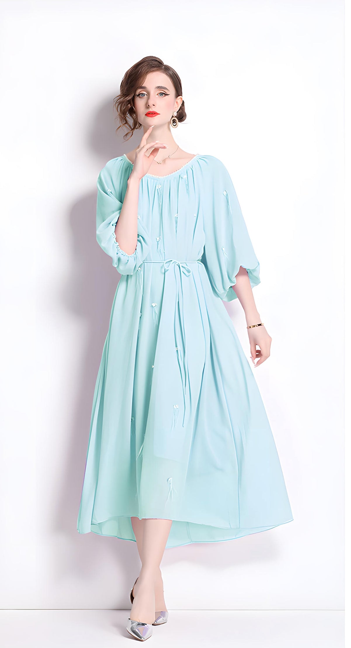 Tassel and Jewel Embellished Lake Blue Chiffon Dress - 808431656493_GRE