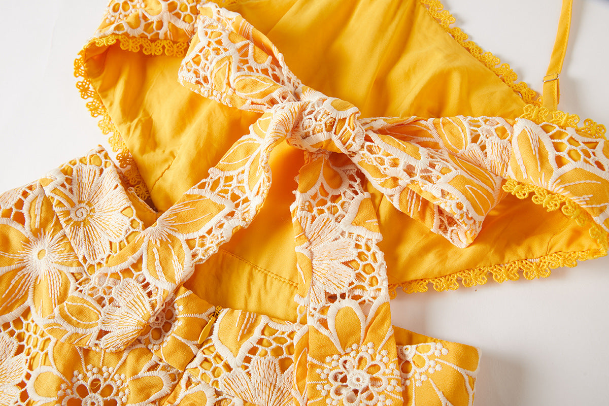 Luxury French Lace Halter Neck Holiday Breeze Black Dress - 829851111269_YEL