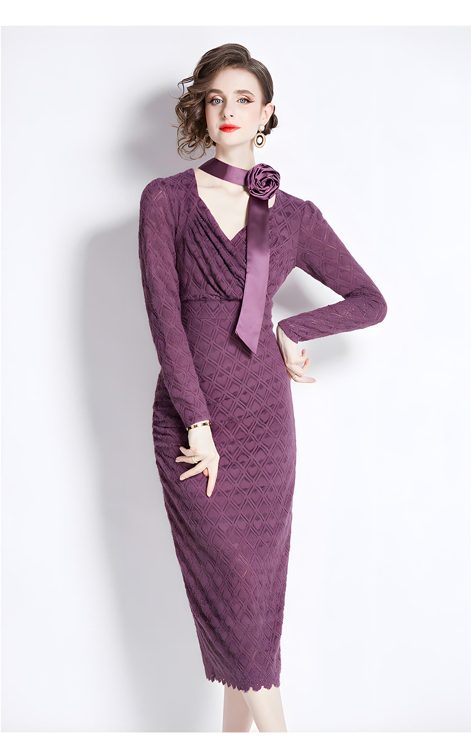 Heart Texture Design Back Split V Neck Purple Body-fit Dress With Rose Belt - 755217051926_PUR