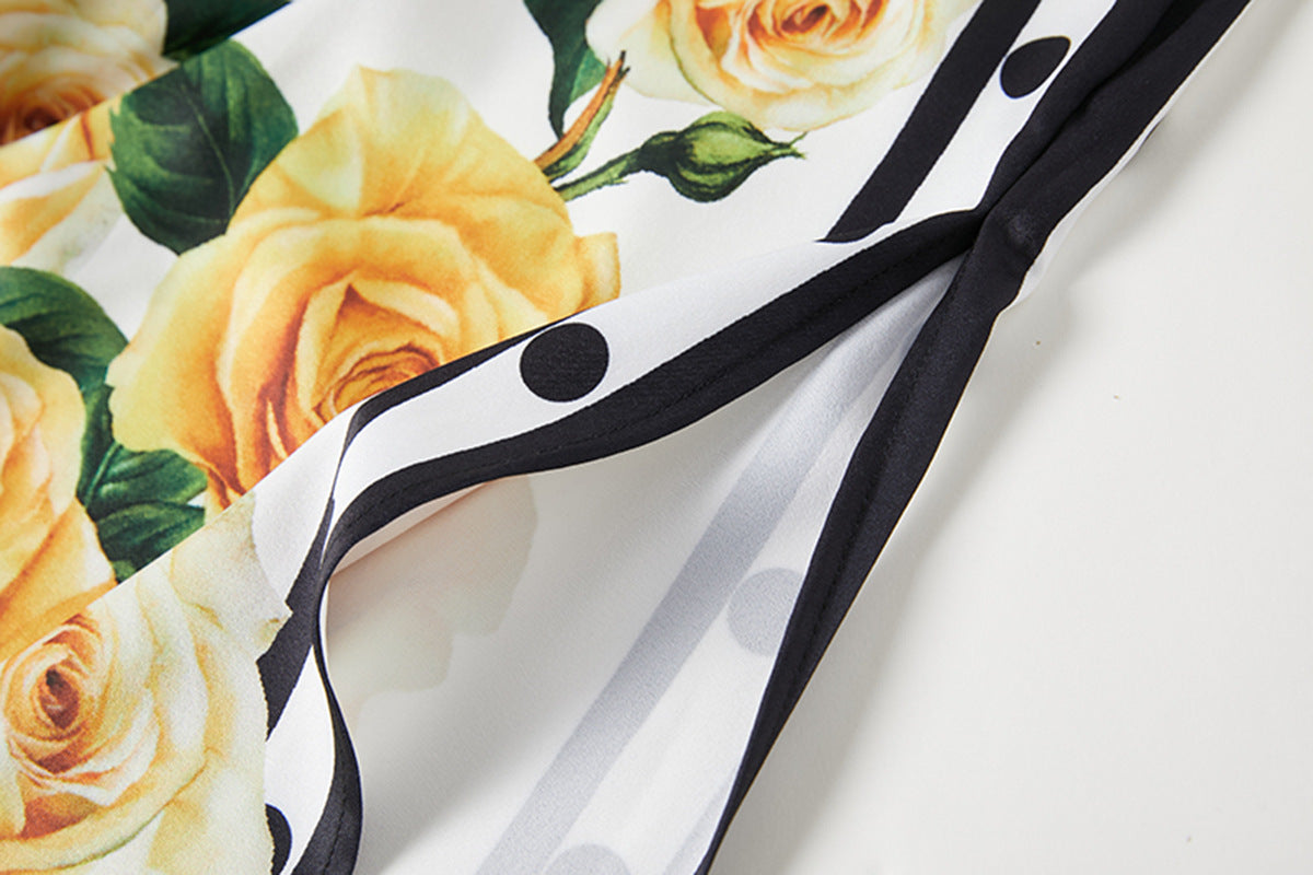 Golden Bloom Kaftan Black Dress with Vibrant Yellow Rose Floral Pattern - 818939592219_BLA