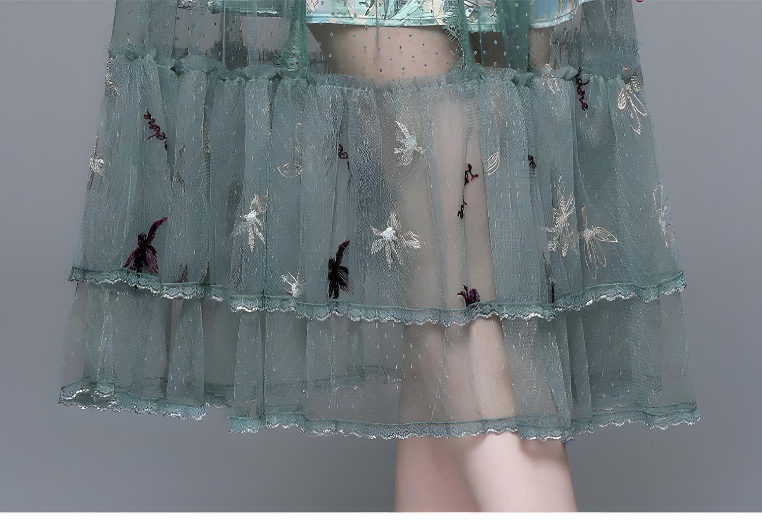 Luxury Silk Thread Embroidery Mesh and Lace Butterfly Sleeve Dress - 6994#616