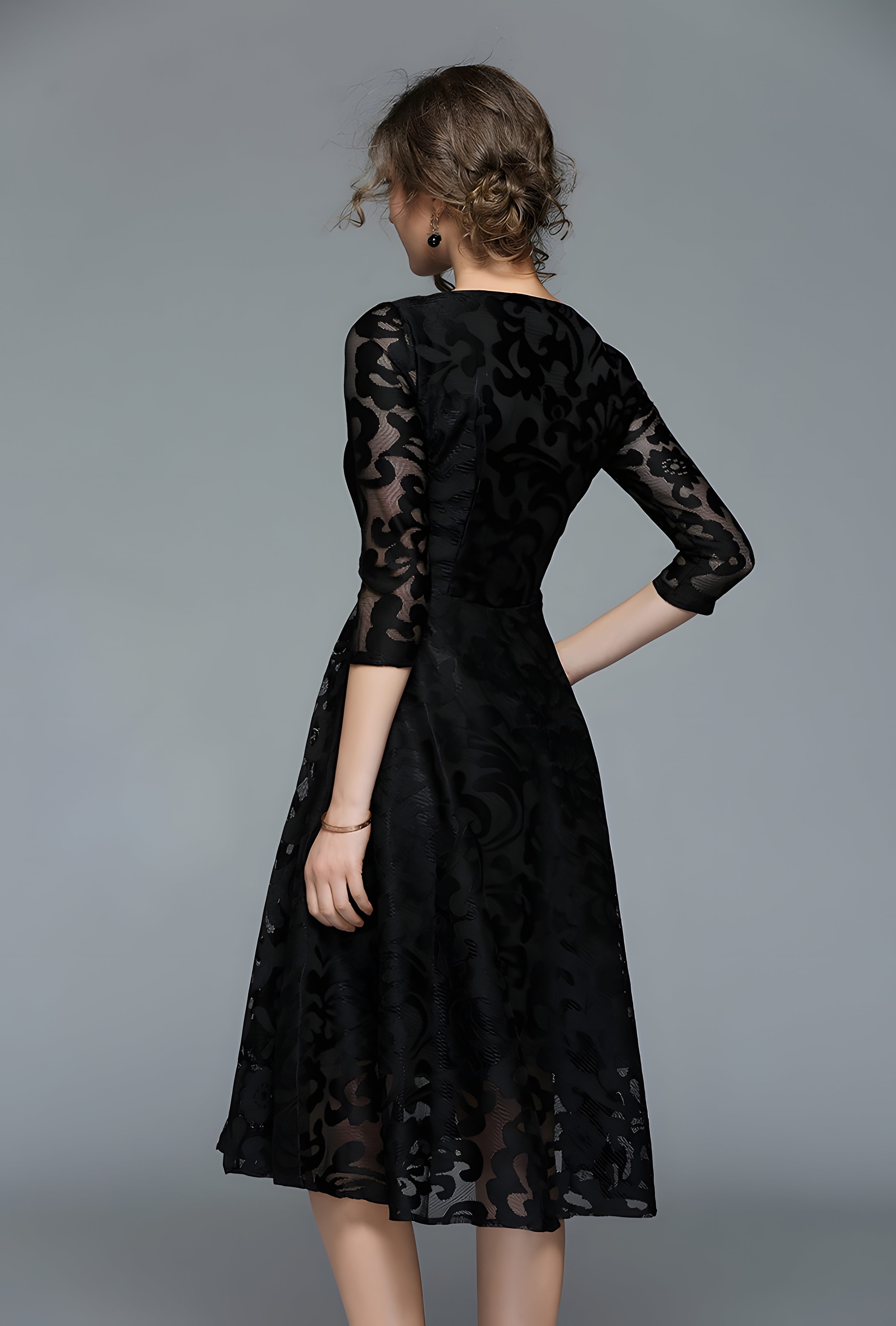 Lace Flocking Boat Neck Fitted Vest Large Hem Skirt Dress - 607715875502_BLACK