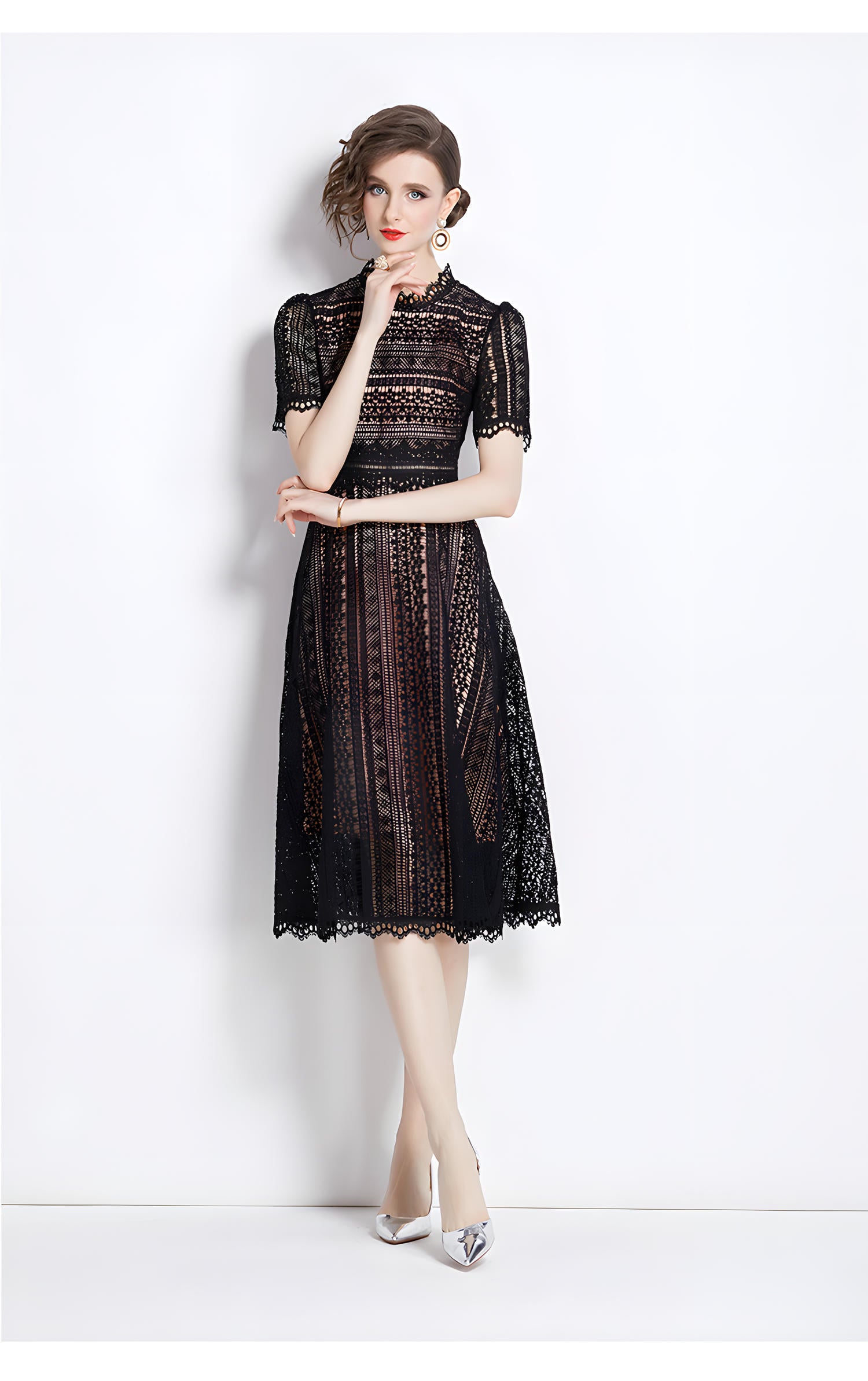 Luxury French Lace Jewel Neck Black Dress - 533#609_BLA
