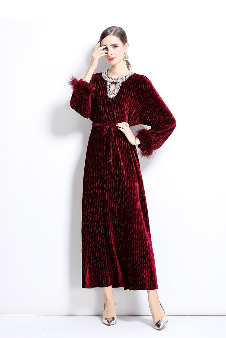 Diamond Embellished Heat Set Self Texture Velvet Dress - 855961209321_CLARET