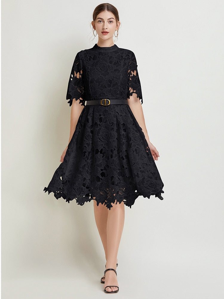 French Lace high Neck Short Dress With Belt - 812368811391_BLA