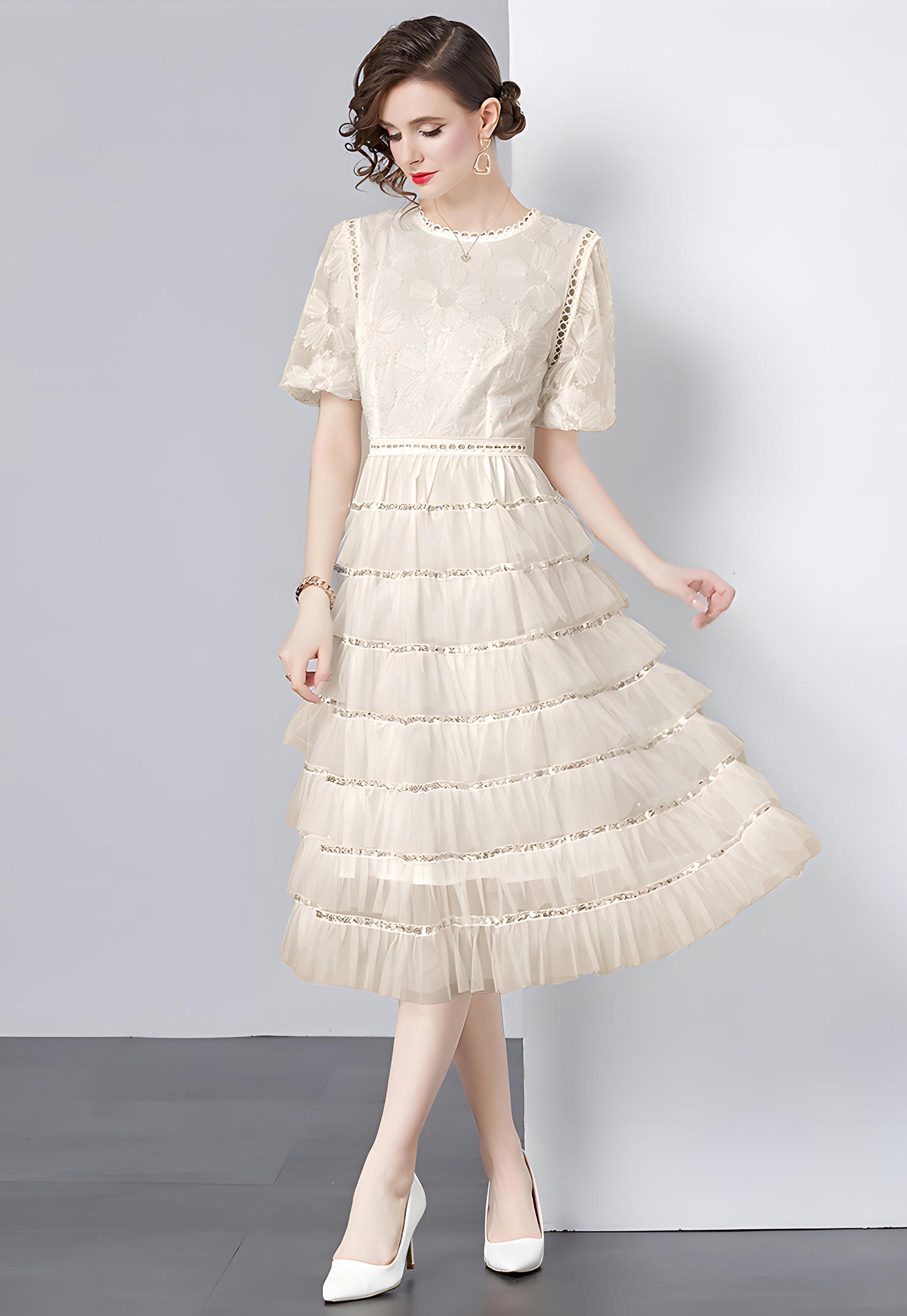 Multilayer Sequinned Mesh Skirt Flower Embroidered Vest Dress - 787365833312_BEI (EOSS)