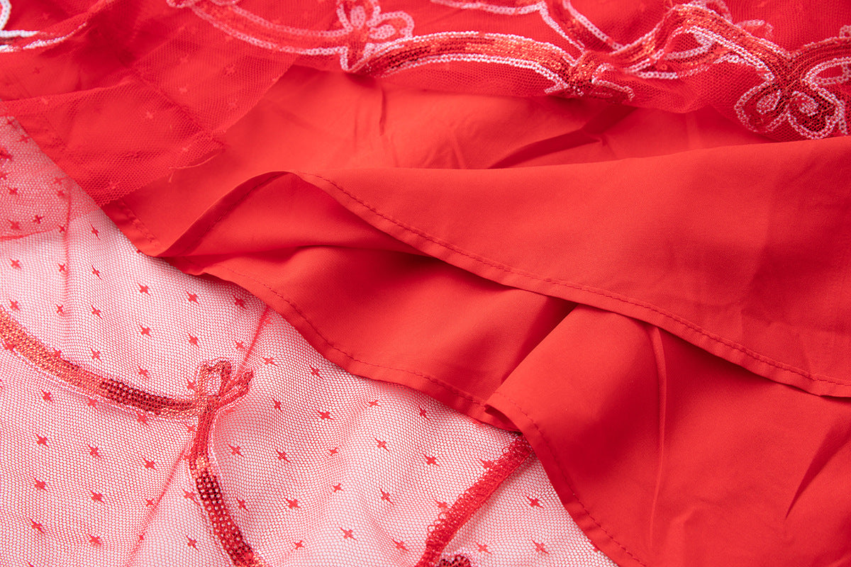 Crimson Symphony Mesh and Sequin Dress - 852089082902_RED