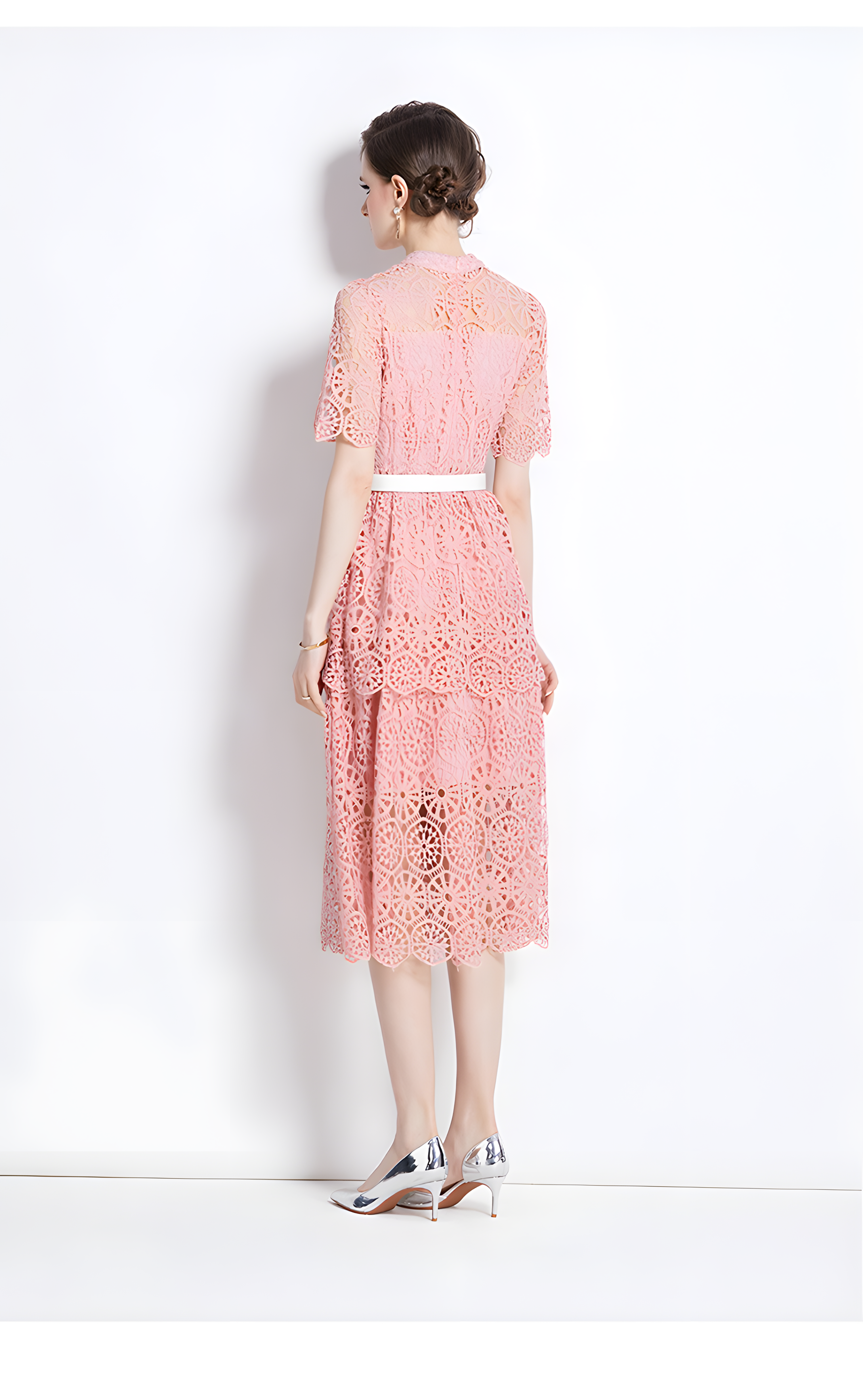 Luxury Multilayer French Lace High Neck Pink Dress With Belt - 510#609_PIN