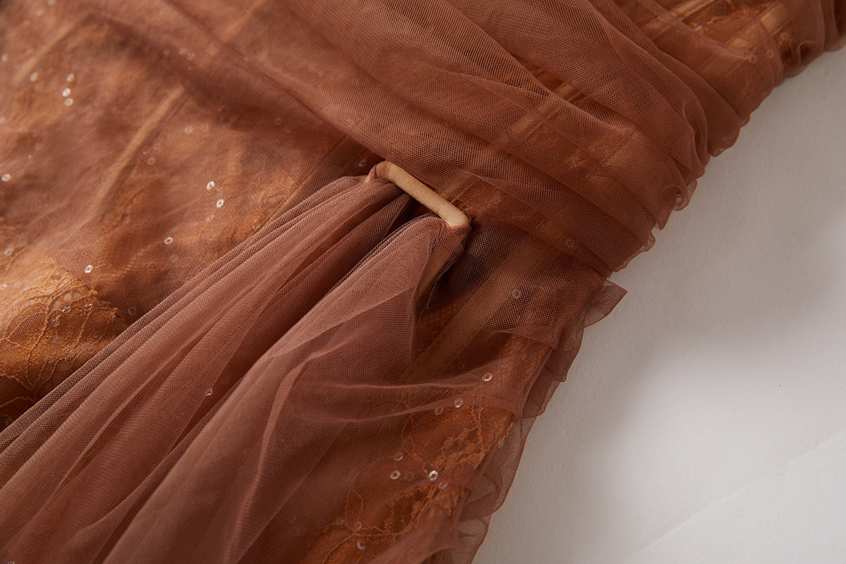 Embroidered Mesh And Sequin Corset Gown - 836766640227_BRO