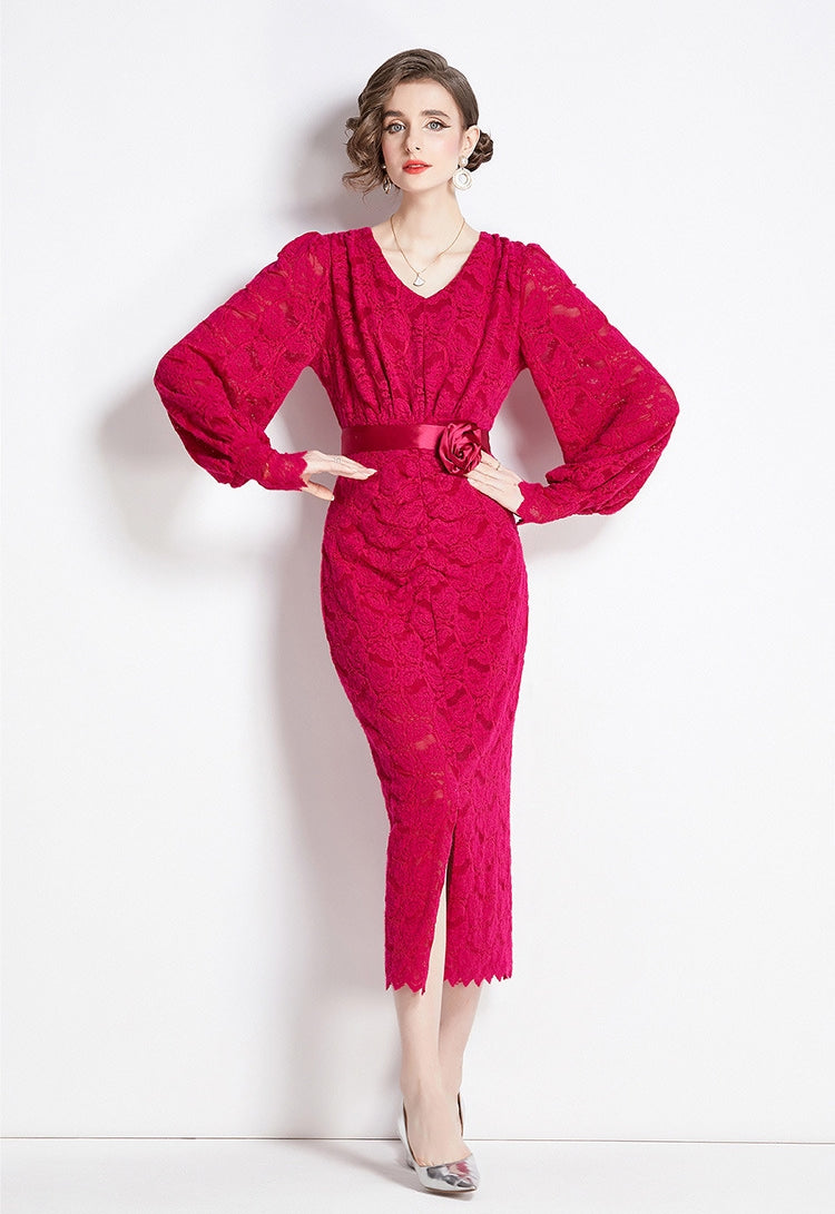 French Lace Long Sleeve V Neck Front Slit Body-fit Dress With Rose Belt - 750531237798_ROS