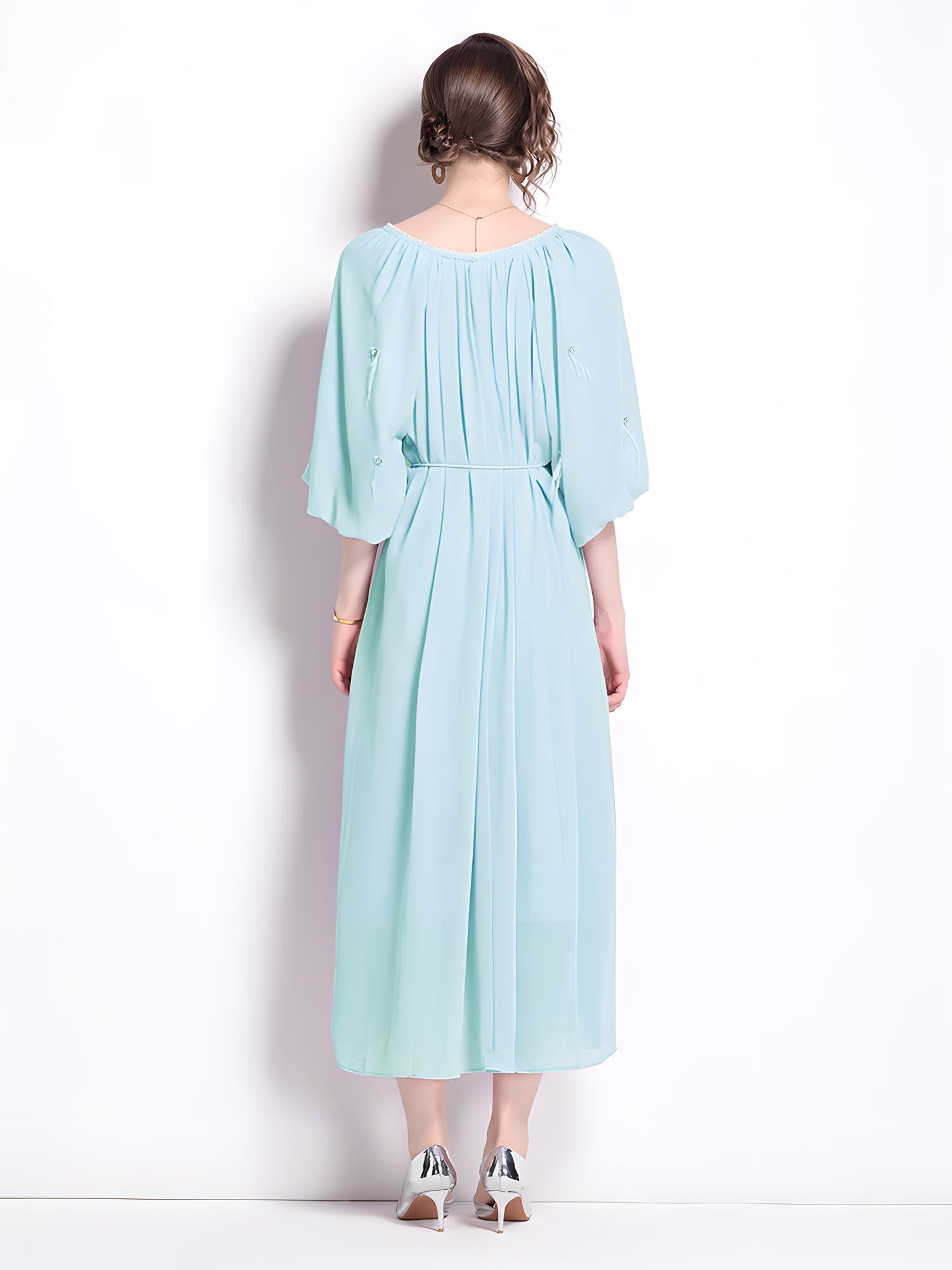 Tassel and Jewel Embellished Lake Blue Chiffon Dress - 808431656493_GRE
