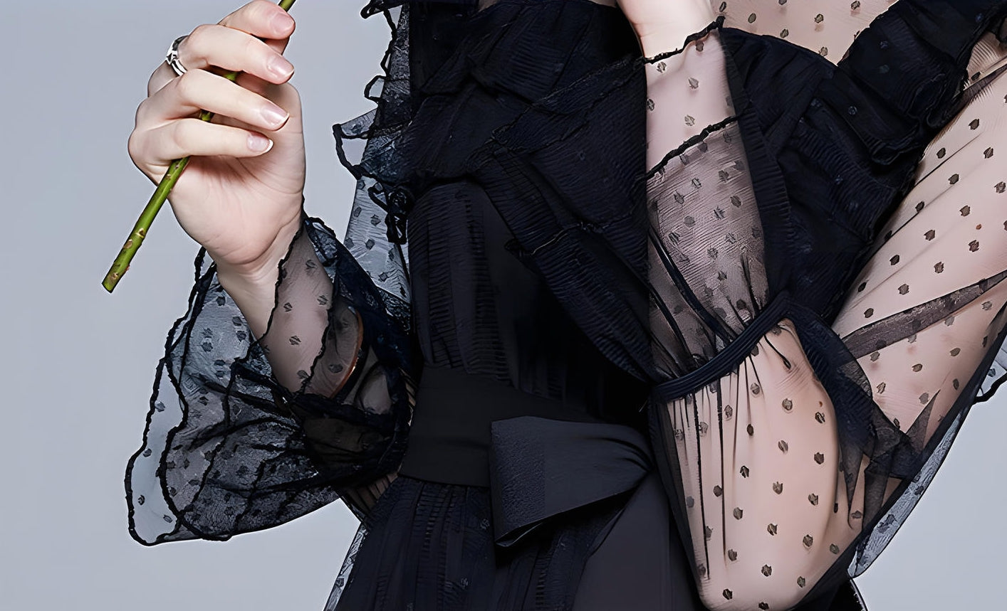 High Neck Polka Dot Mesh Multitier Skirt Elasticated Waist  Full Sleeve Black Dress With Satin Belt - 637810172088_BAS