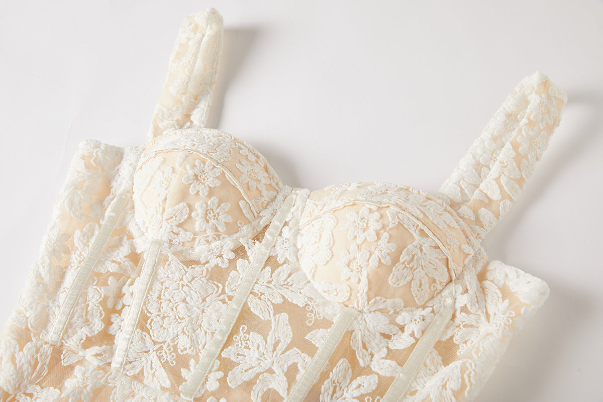 Ivory Lace Garden Dress with Heavy Embroidered Mesh Flocking and Corset Top - 821764686977_BEI (EOSS)