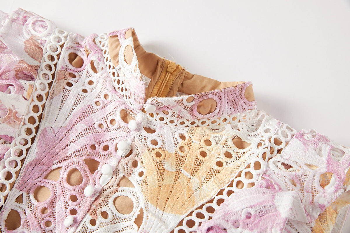 Luxury French Lace Pink Long Dress With Flutter Sleeve - 827491131616_PIN