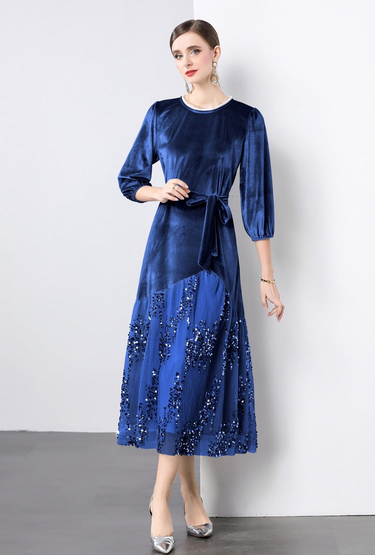 Velvet Mesh and Sequin Embellished Dress - 855932949530_BLUE