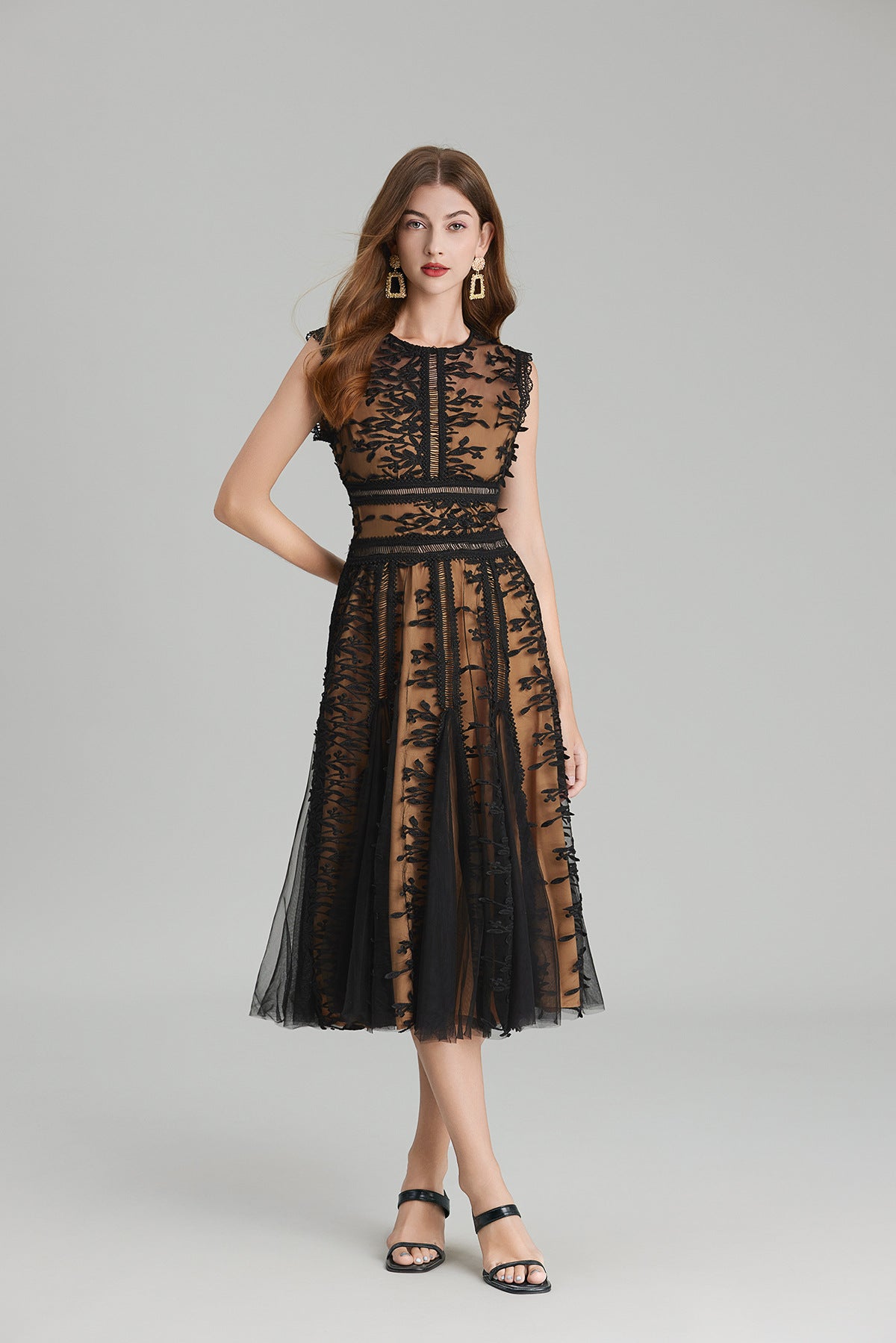 Midnight Noir Lace Midi Dress with Mesh Flocking and Nude Lining - 823734853765_BLA