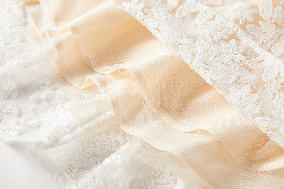 Ivory Lace Garden Dress with Heavy Embroidered Mesh Flocking and Corset Top - 821764686977_BEI (EOSS)