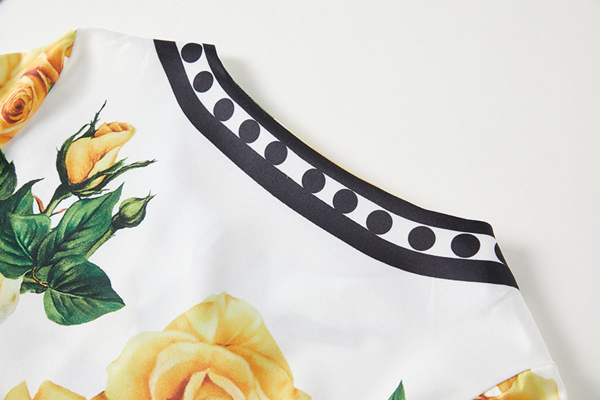 Golden Bloom Kaftan Black Dress with Vibrant Yellow Rose Floral Pattern - 818939592219_BLA