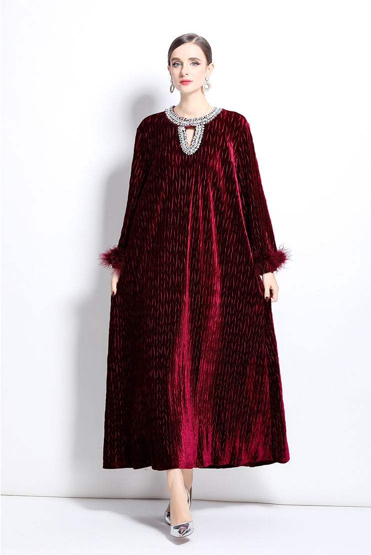 Diamond Embellished Heat Set Self Texture Velvet Dress - 855961209321_CLARET