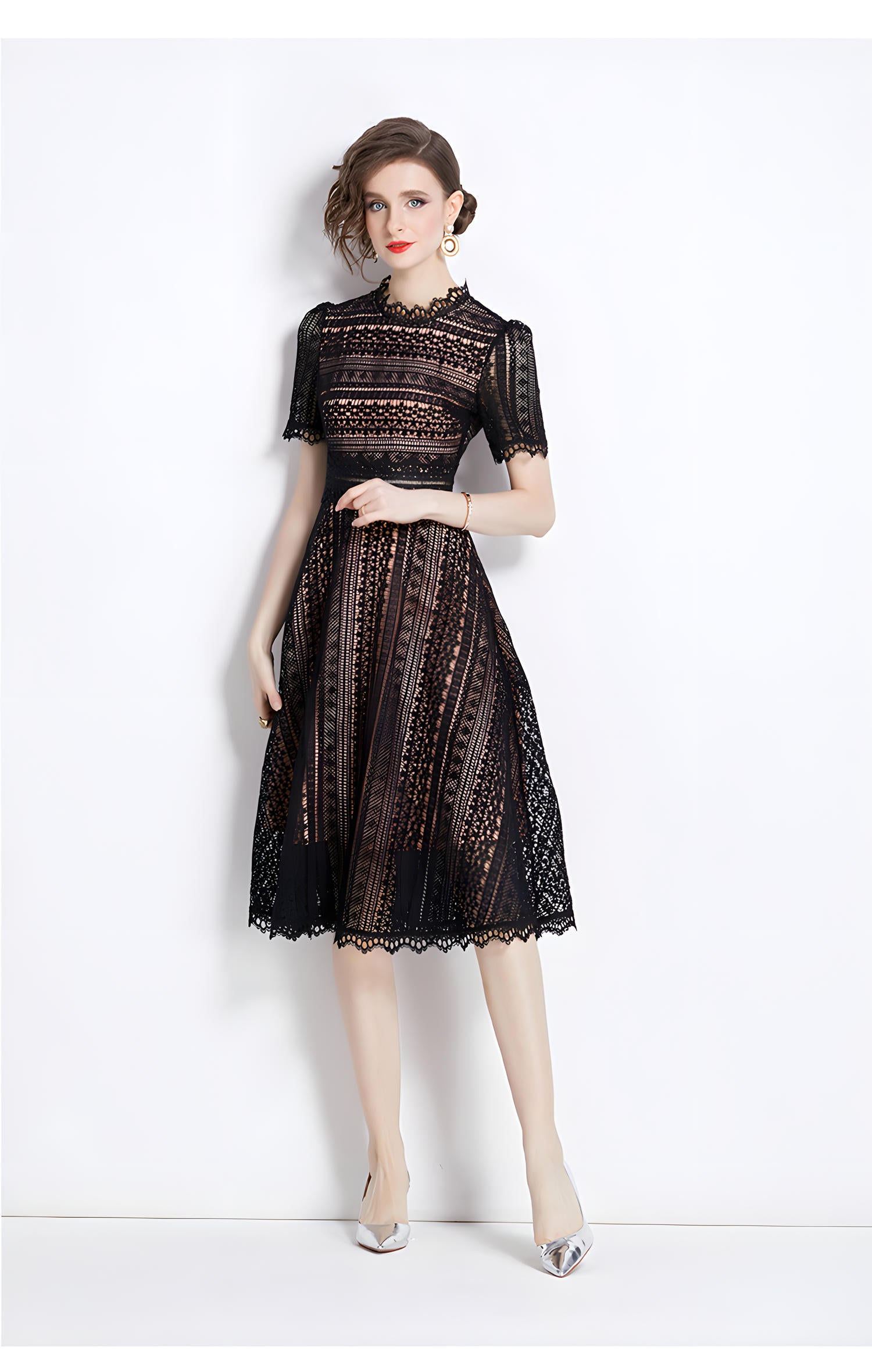 Luxury French Lace Jewel Neck Black Dress - 533#609_BLA