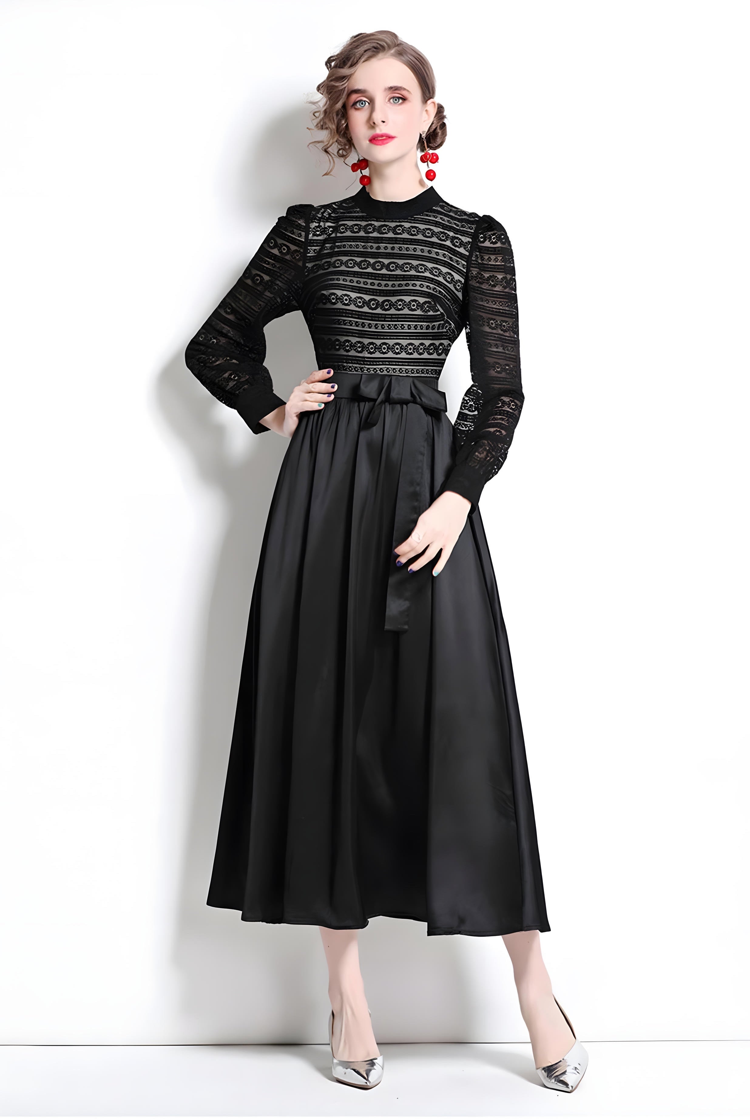 French Lace Nude Lining Vest Black Dress With Satin Skirt - 668632162100_BAS