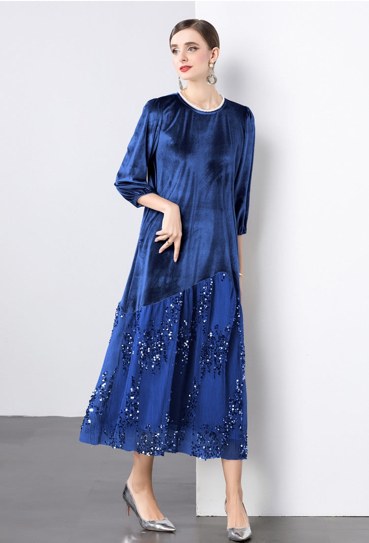 Velvet Mesh and Sequin Embellished Dress - 855932949530_BLUE